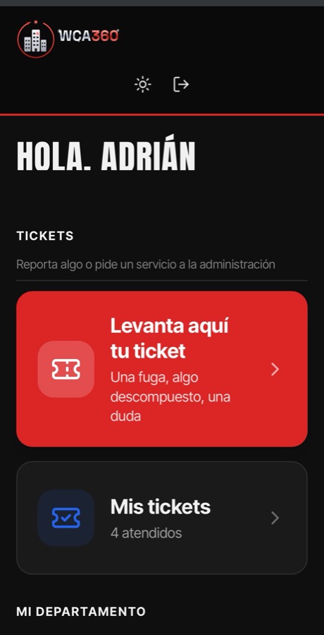 Pantalla de inicio de WCA360 con los tickets del condómino