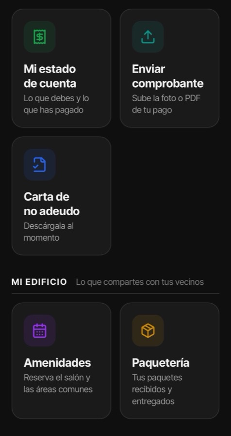Pantalla de pagos y amenidades en WCA360