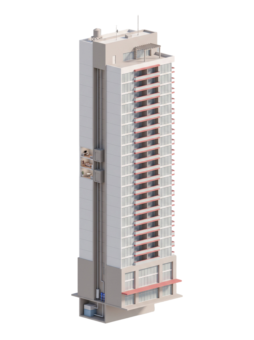 Torre residencial en corte que deja ver los departamentos, el cubo de elevadores y la cisterna
