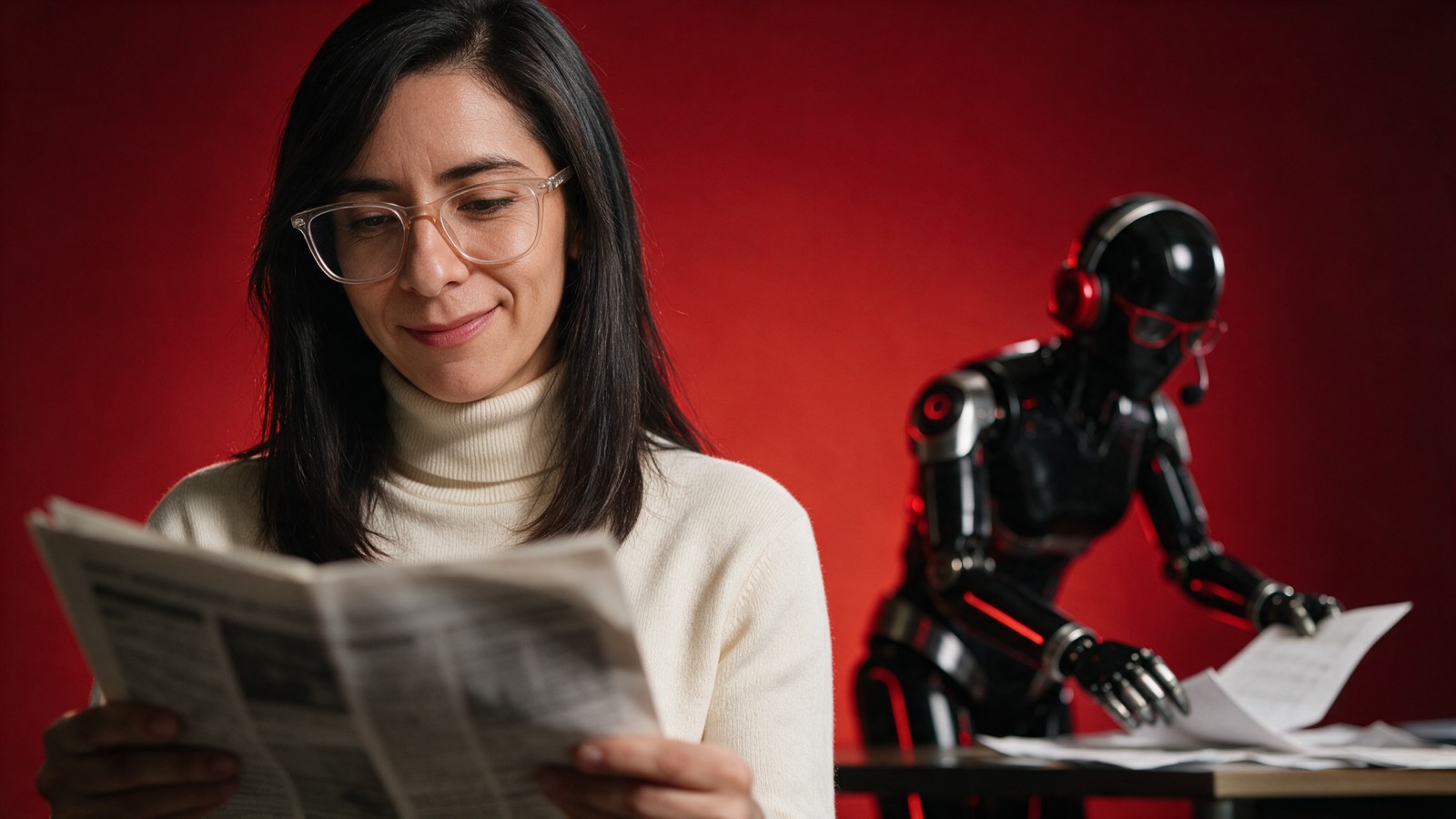 Wendy Chávez revisando un número impreso del newsletter; detrás, Wendolín acomoda las hojas sobre una mesa de trabajo